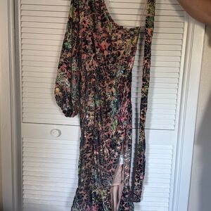 HEMANT & NANDITA Blush Multi Floral One-Shoulder Velvet Dress